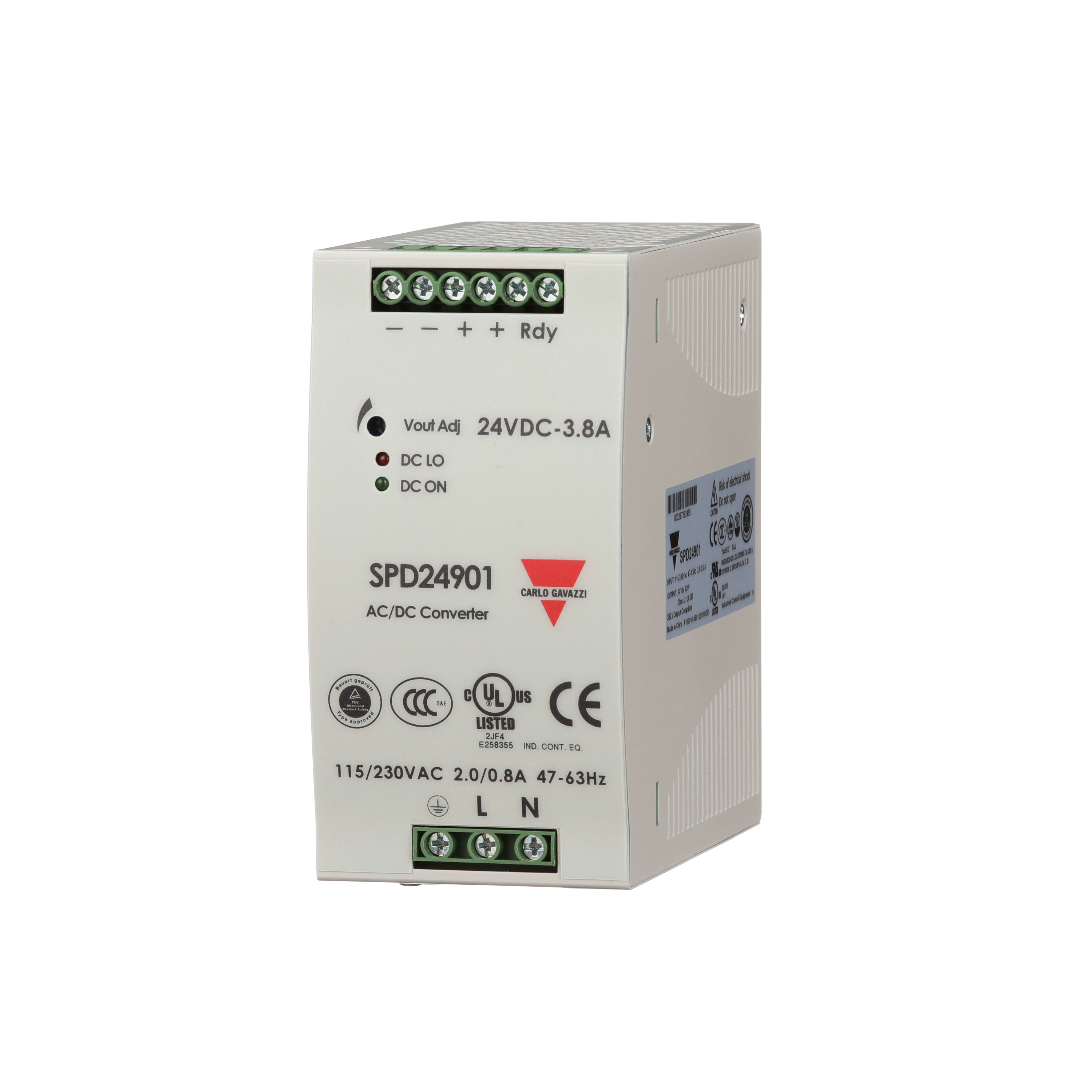 Carlo Gavazzi Switching Power Supply; 24VDC OUT; 3.8A; 90-264VAC / 120-375VDC IN; Single-Phase; DIN Rail Mount